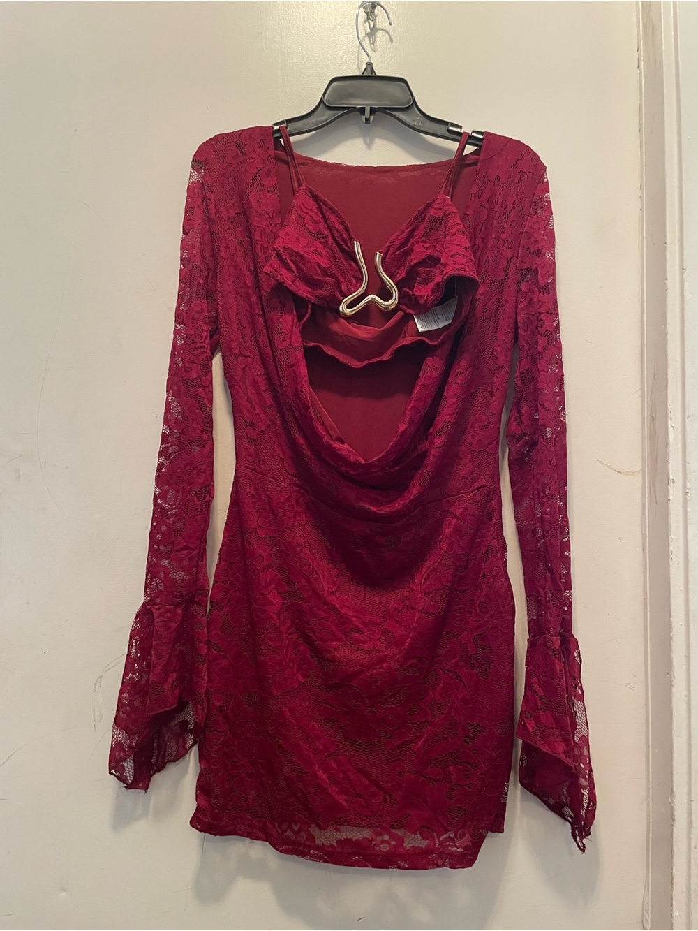 SHEIN Burgundy Lace Long-Sleeve Cowl Neck Dress